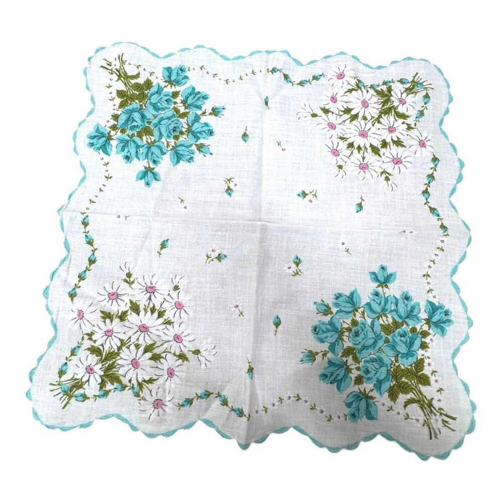Vintage Floral Handkerchief Blue Pink Flowers Scalloped Edges Hanky Bouquet